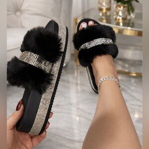 Black Furry Slide Sandals